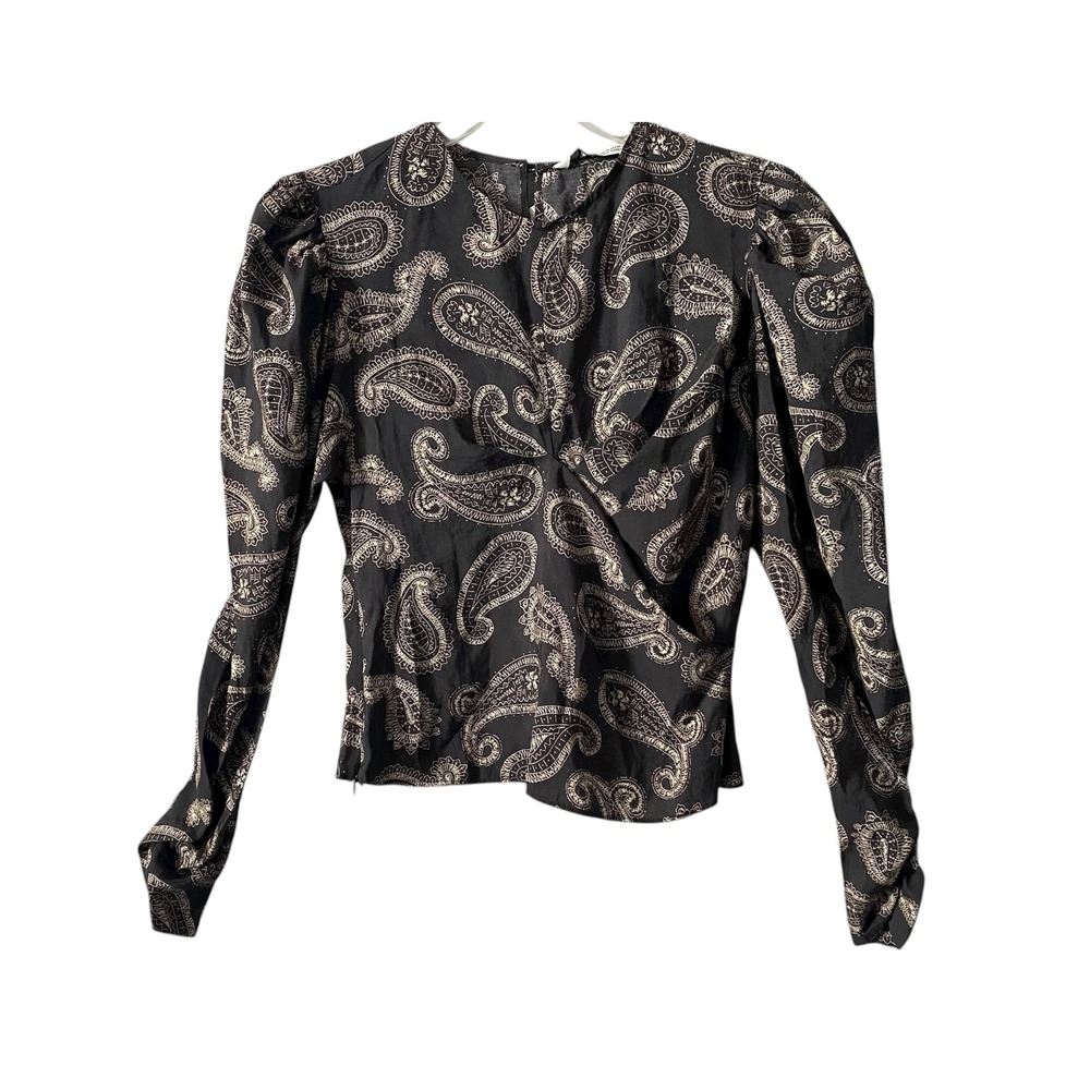 Zara The Nina Shirt Black Paisley Puff Sleeve Button Back Top Women's Sz XS‎